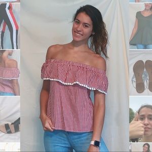 Plaid red off shoulder top